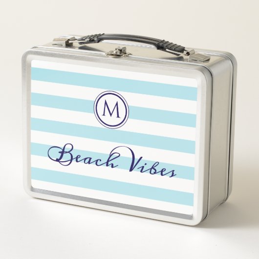 Strand Vibes Koel Blauw Witte Strepen Monogram (Voorkant)