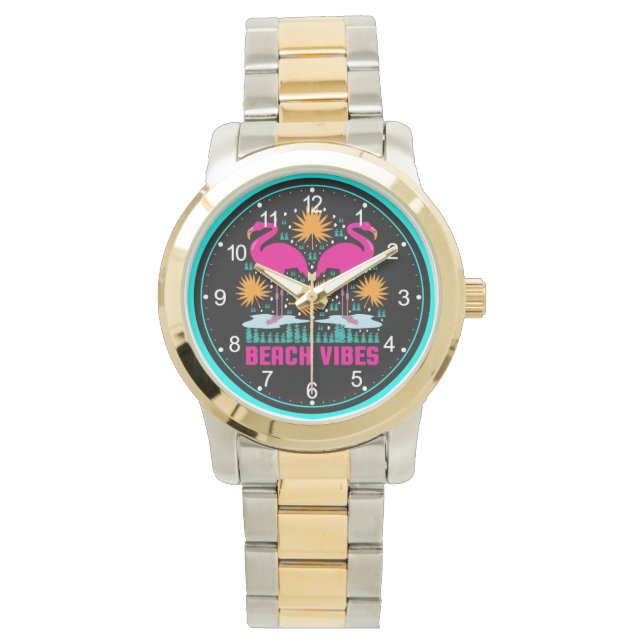 Strand Vibes Pink Flamingos-19501 Horloge (Voorkant)