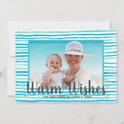 Strand Warm Wensen Turquoise Stripes Feestdagenkaart (Voorkant)
