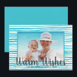 Strand Warm Wensen Turquoise Stripes Feestdagenkaart<br><div class="desc">Het ontwerp is voorzien van kalmerende blauwe waterverf strepen die zee groen en blauw zijn. Personaliseer met uw eigen afbeelding en tekst.</div>