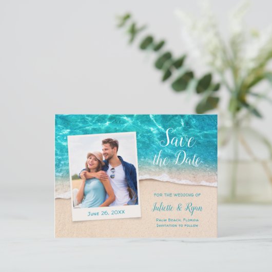 Strand Water en Zand Foto Save the Date Briefkaart (Staand voorkant)
