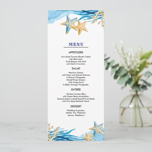 Strand | Watercolor-huwelijksmenu kaarten aan zee (Staand voorkant)
