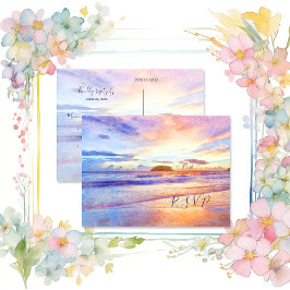 Strand Watercolor Roze Zonsopgang RSVP Uitnodiging Briefkaart