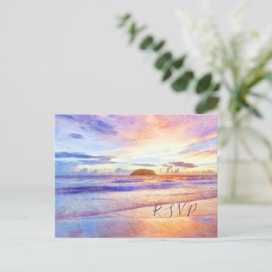 Strand Watercolor Roze Zonsopgang RSVP Uitnodiging Briefkaart (Staand voorkant)