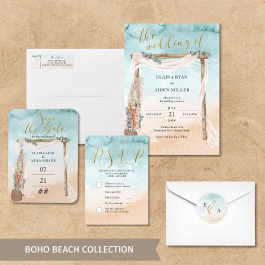 Strand Waterverf Bestemming Bruiloft RSVP Ticket Cadeaulabel