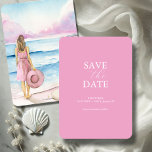 Strand Waterverf Bewaar de data Save The Date<br><div class="desc">Kondig uw evenement aan met deze niet-foto en sla de datumkaart op. Het beschikt over een mix van klassieke en script typografie in het wit over een effen roze achtergrond. De kaart keert terug naar een waterverf strandscène met een vrouw die bij de kustlijn staat en een strand pet oceaan...</div>