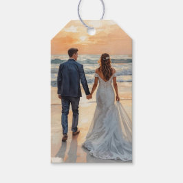 Strand Waterverf Bruid & Bruidegom Geschilderd Huw Cadeaulabel