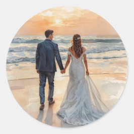 Strand Waterverf Bruid & Bruidegom Geschilderd Huw Ronde Sticker