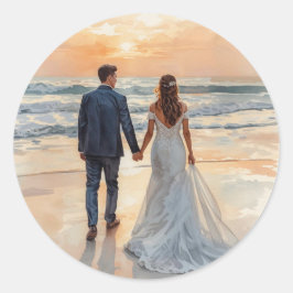Strand Waterverf Bruid & Bruidegom Geschilderd Huw Ronde Sticker