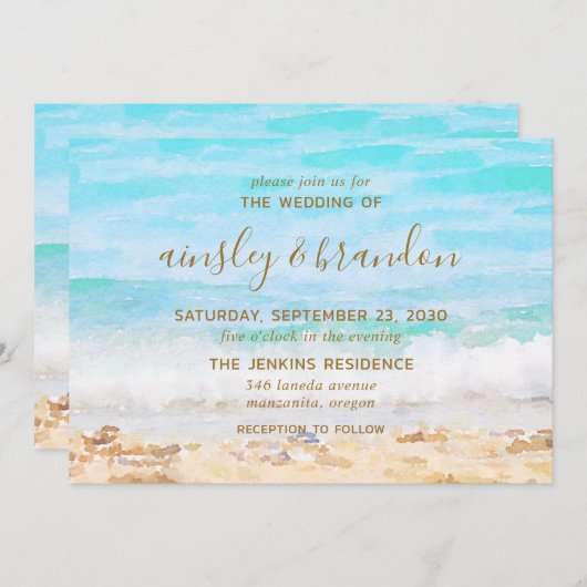 Strand Waterverf bruiloft Kaart (Voorkant / Achterkant)