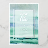 Strand Waterverf Save the Date Foto Blauwe Kust Folie Feestdagenkaart (Voorkant)