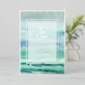Strand Waterverf Save the Date Foto Blauwe Kust Folie Feestdagenkaart (Staand Voorkant)