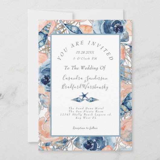 Strand Waterverf Shell Roos Bloemen Blauw Huwelijk Kaart (Voorkant)