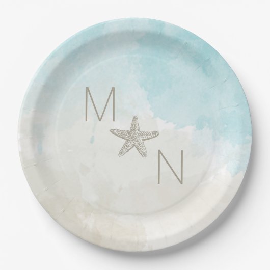 Strand waterverven met zeesterren papieren bordje (Voorkant)