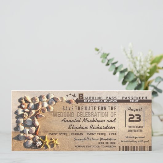 Strand Wedding Boarding Pass tickets Bewaar de dat Save The Date (Staand voorkant)