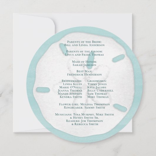 Strand Wedding Menu Turquoise Zand Dollar Kaart (Achterkant)