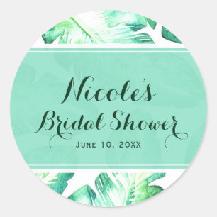Strand Wit & Groen Tropische Bladeren Trouwgunst Ronde Sticker