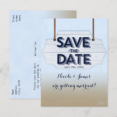 Strand wit houten bord Save The Date ansichtkaart Aankondigingskaart (Voorkant / Achterkant)