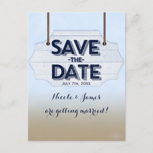 Strand wit houten bord Save The Date ansichtkaart Aankondigingskaart (Voorkant)