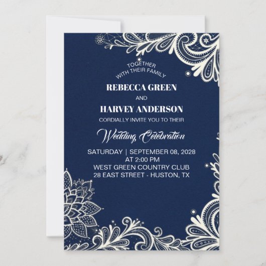 strand wit kant marine blauw nautische bruiloft kaart (Voorkant)