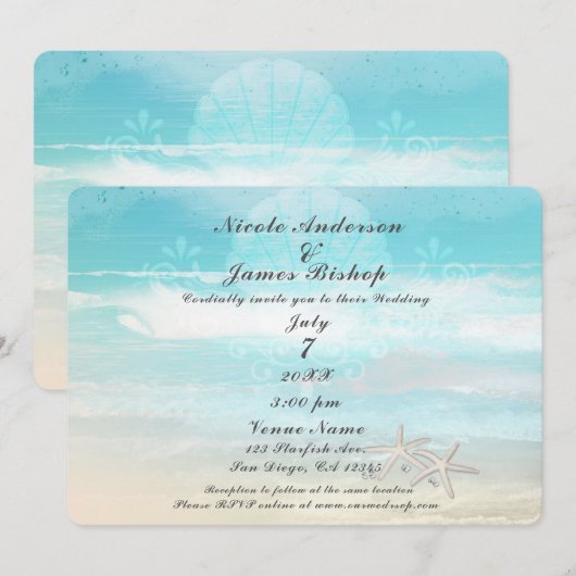 Strand Witte Zeester Elegante Zomer Bruiloft Kaart (Voorkant / Achterkant)