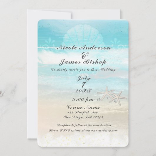 Strand Witte Zeester Elegante Zomer Bruiloft Kaart (Voorkant)