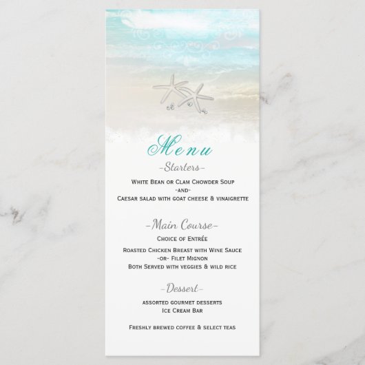 Strand Witte Zeester Elegante Zomer Receptie Menu (Voorkant)