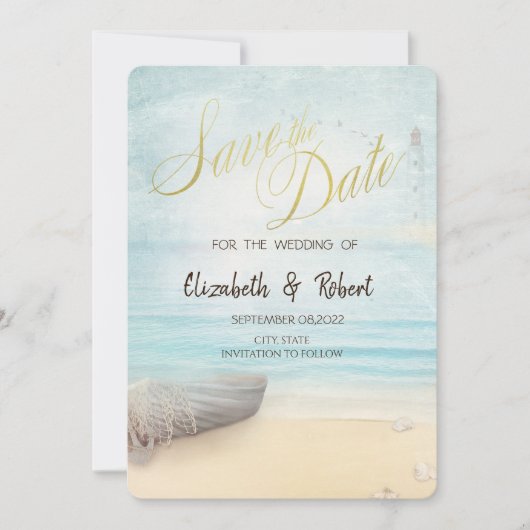 Strand Zand Boot Vuurtoren Opslaan Datum Save The Date (Voorkant)