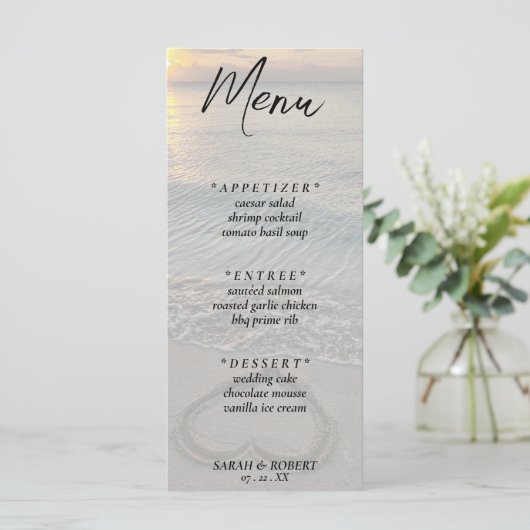 Strand Zand Hart Bruiloft Receptie Menu (Staand voorkant)