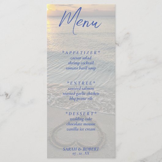 Strand Zand Hart Bruiloft Receptie Menu (Voorkant)