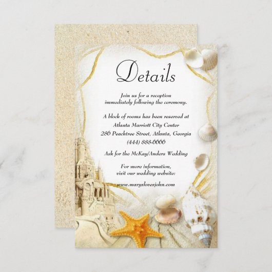 Strand Zand Kasteel Bruiloft Details Informatiekaartje (Voorkant / Achterkant)