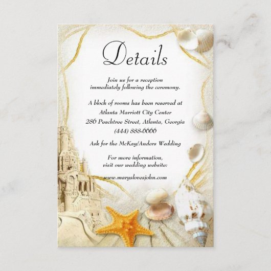 Strand Zand Kasteel Bruiloft Details Informatiekaartje (Voorkant)