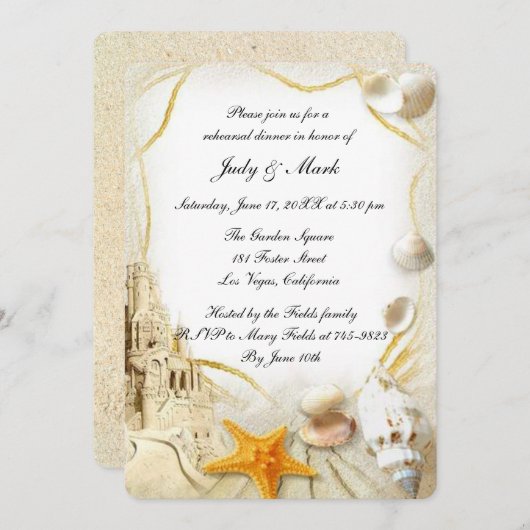 Strand Zand Kasteel Bruiloft repetitie Diner Kaart (Voorkant / Achterkant)