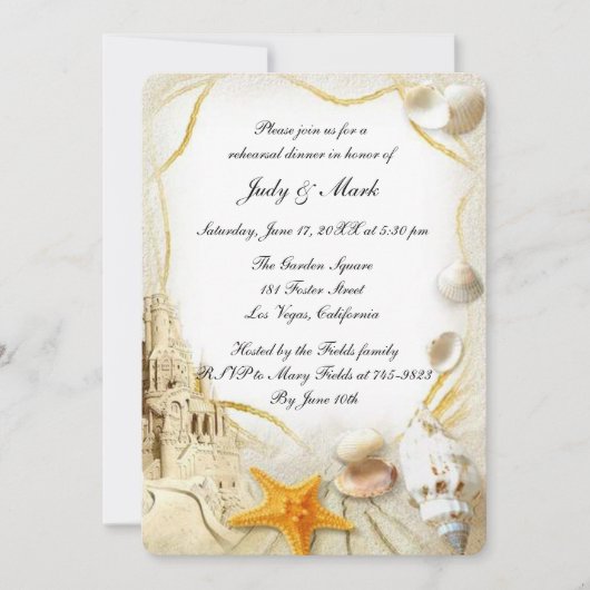 Strand Zand Kasteel Bruiloft repetitie Diner Kaart (Voorkant)