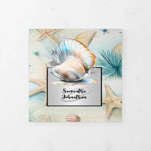 Strand zand oceaan golven zeeschelpen nautische ch drieluik uitnodiging (Cover)