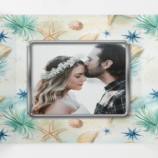 Strand zand oceaan golven zeeschelpen nautische ch drieluik uitnodiging (Binnenkant midden)