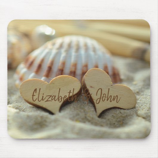 Strand,Zand,Schelp,Houten Harten -Persoonlijk Muismat (Voorkant)