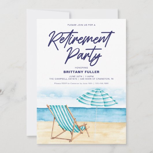 Strand Zand Stoel Pensioen Party Uitnodiging (Voorkant)