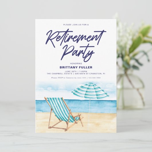 Strand Zand Stoel Pensioen Party Uitnodiging (Staand voorkant)