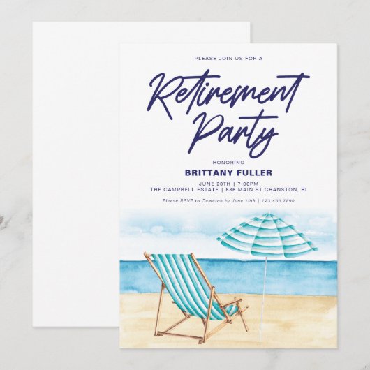 Strand Zand Stoel Pensioen Party Uitnodiging (Voorkant / Achterkant)