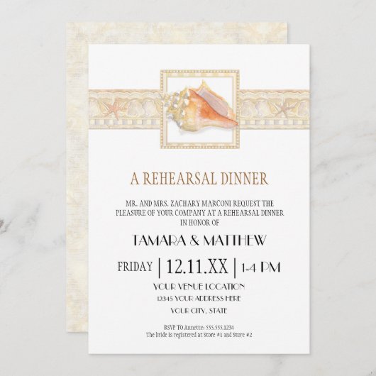 Strand Zand Streep Conch Shell Elegante Bruiloften Kaart (Voorkant / Achterkant)