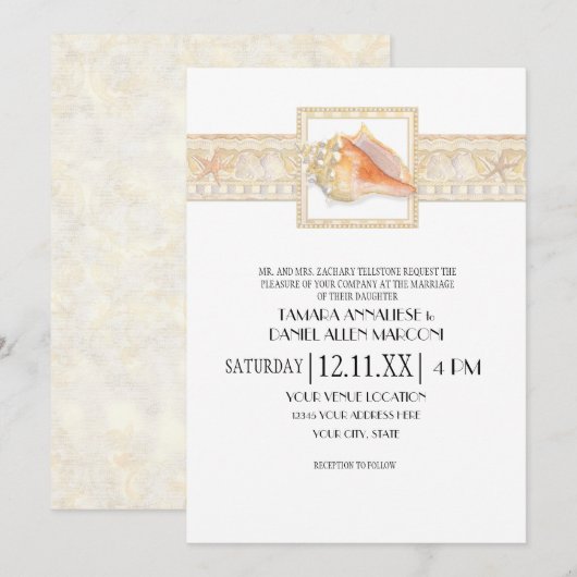 Strand Zand Streep Conch Shell Elegante Bruiloften Kaart (Voorkant / Achterkant)