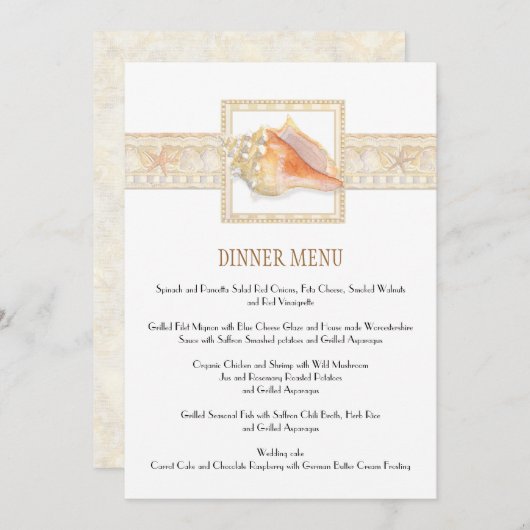 Strand Zand Streep Conch Shell Elegante Bruiloften Menu (Voorkant / Achterkant)