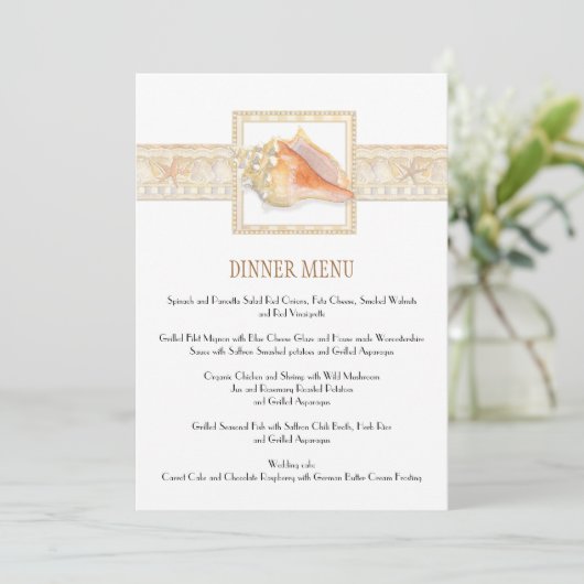Strand Zand Streep Conch Shell Elegante Bruiloften Menu (Staand voorkant)