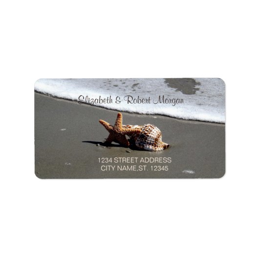 Strand, Zand, Zeester, Schelp   Trouwlabel Etiket (Voorkant)