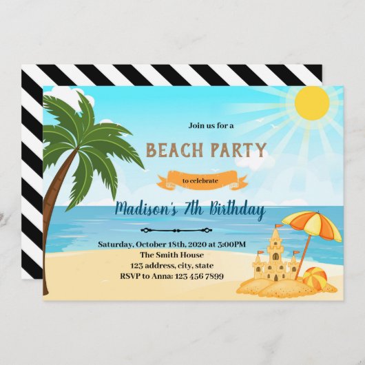Strand zandkasteel uitnodiging voor verjaardag (Voorkant / Achterkant)