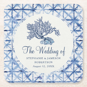 Strand Zee Koraal Shibori Navy Blue Ocean Wedding Kartonnen Onderzetters