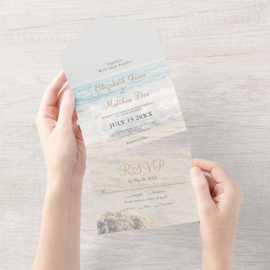 Strand Zee/Oceanside Tropische bruiloft All In One Uitnodiging (Afscheurbaar)