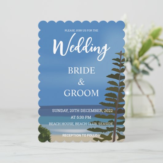 Strand Zee Pine Tree Beach Bruiloft Kaart (Staand voorkant)