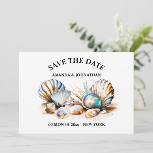 Strand zee schelpen iriserende nautische kust chiq save the date (Staand voorkant)
